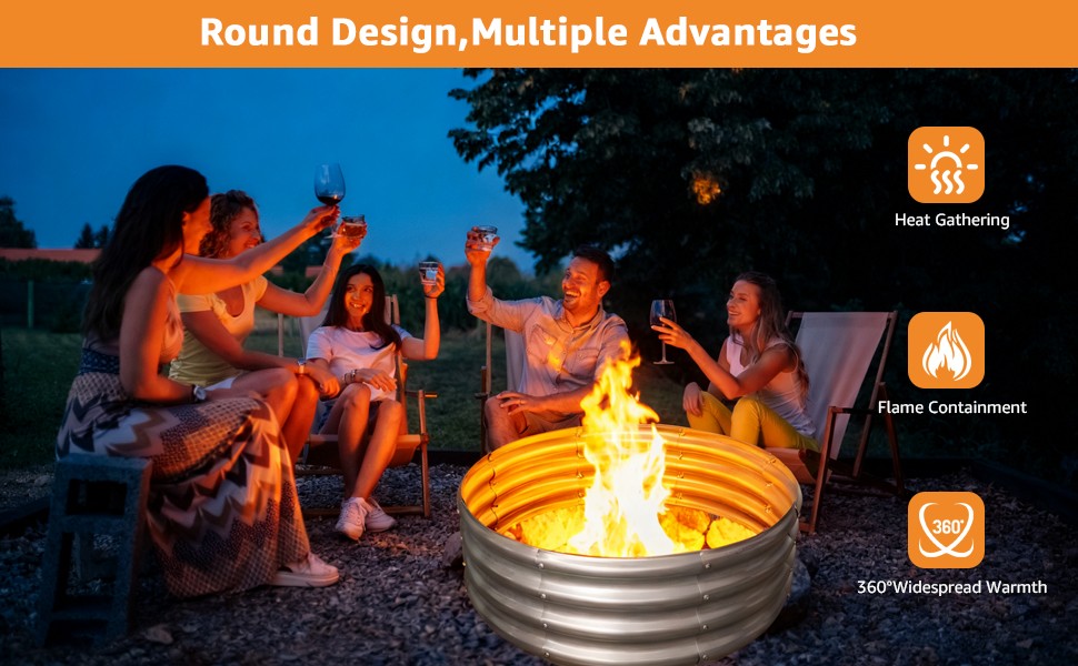 Silver Round Galvanized Steel 3ft Fire Ring Pit for Backyard, Camping