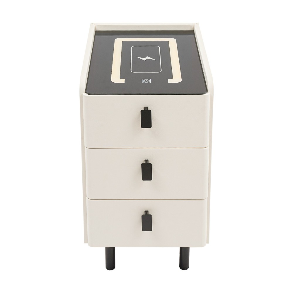 3 Drawers Smart Bedside Table Nightstand With LED Light+Wireless Charging+USB