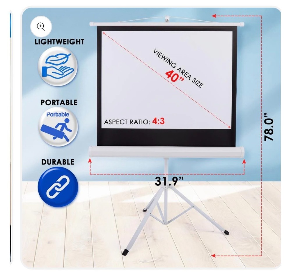 Portable Projector Screen 40" Easy Setup Matte White Tripod Stand