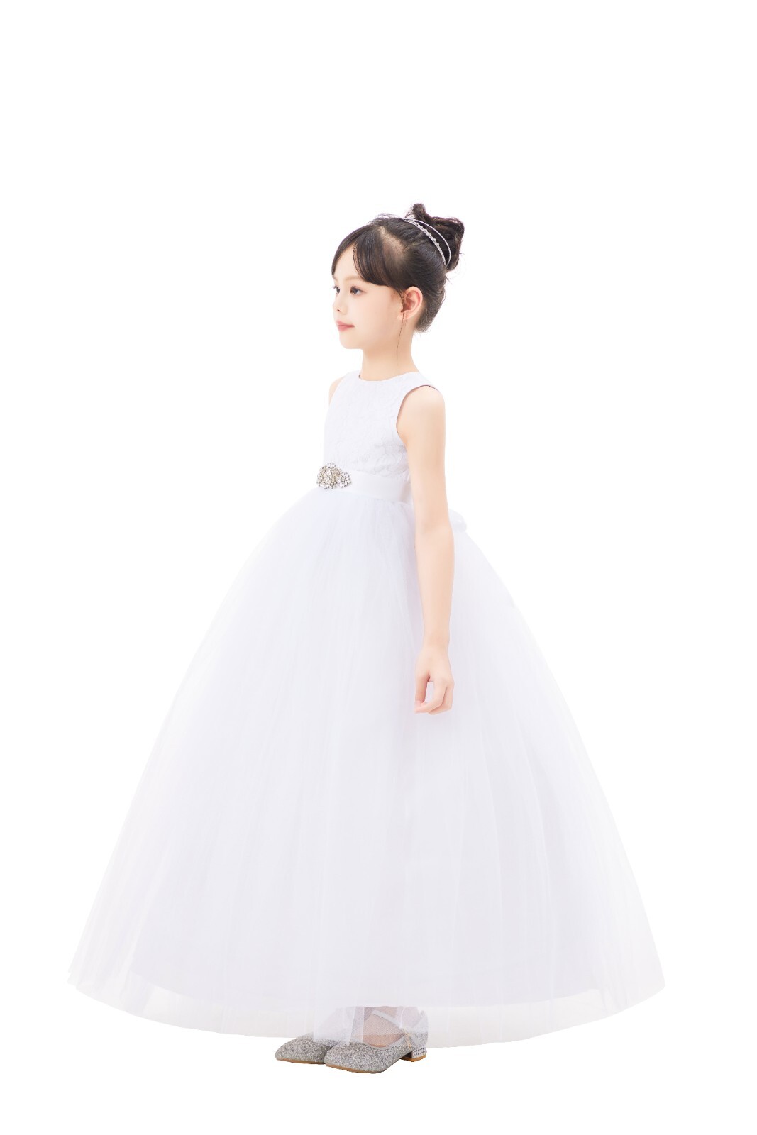 Heart Cutout Floral Lace Flower Girl Dress with Rhinestone Birthday Dresses