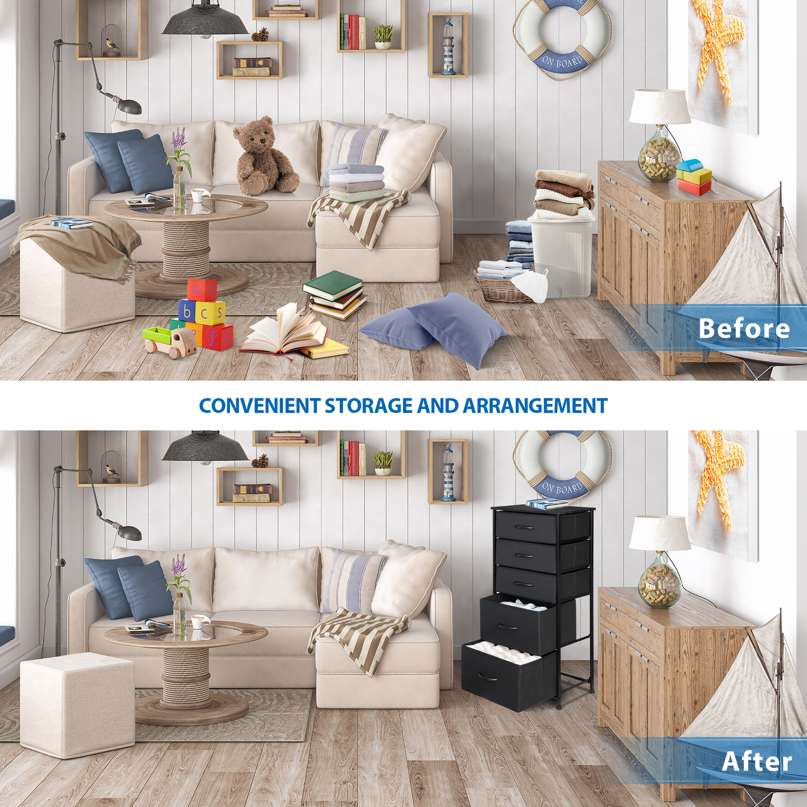 Fabric Dresser W/5 Drawer Storage Chest Tower Cabinet Organizer Unit for Bedroom