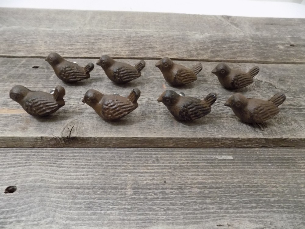 8 CAST IRON BIRD CABINET KNOBS PULLS DRAWER DRESSER HANDLES RUSTIC BIRDS SPARROW