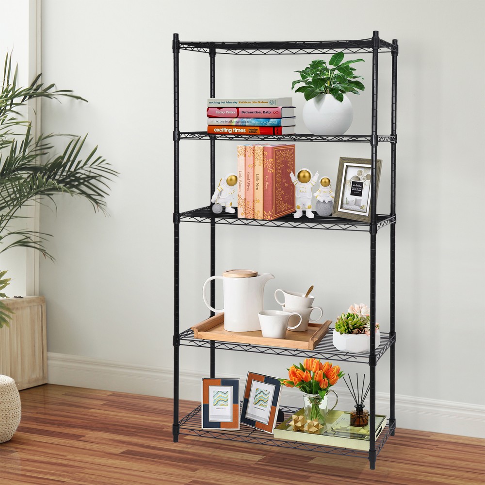 5 Layer Unit Wire Rack Storage Shelf Black Holder Kitchen Display Office Black