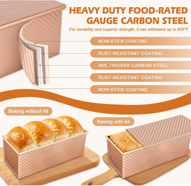 2Pack Pullman Loaf Pans with Lids 2.2 LB & 1 Dough Capacity Non-Stick Carbon