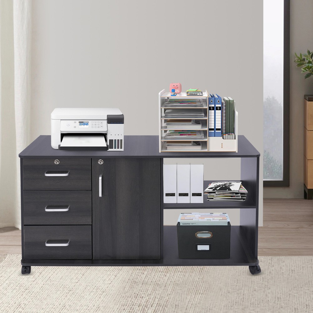 Mobile File Cabinet with 3 Drawers, Locking Design, Printer Stand, Black US!