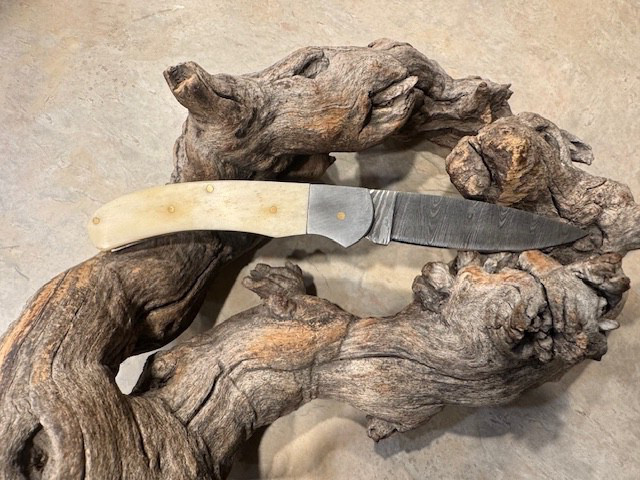 Big Damascus folding blade knife w/ White Bone handle