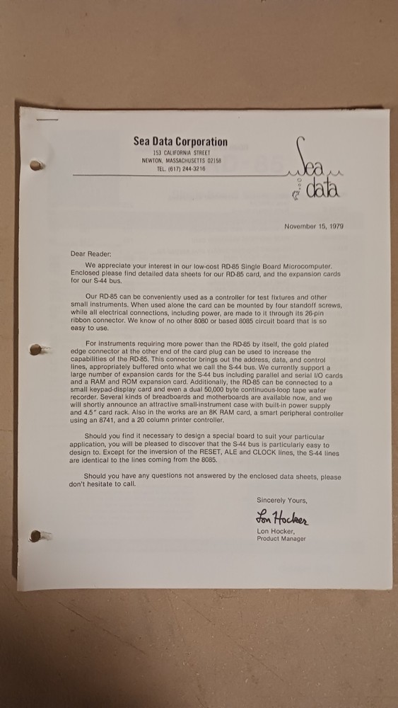 Sea Data Corporation RD-85 Single Board Microcomputer and Related Data Sheet