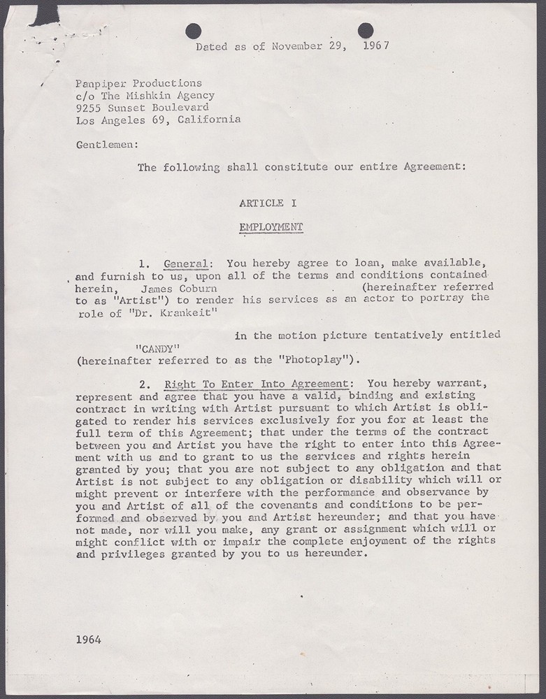 JAMES COBURN - DOCUMENT SIGNED 07/29/1967