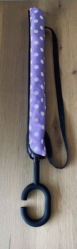 Purple/White Polka Dot & Black Double Layer Reverse Umbrellas - C Shaped Handle