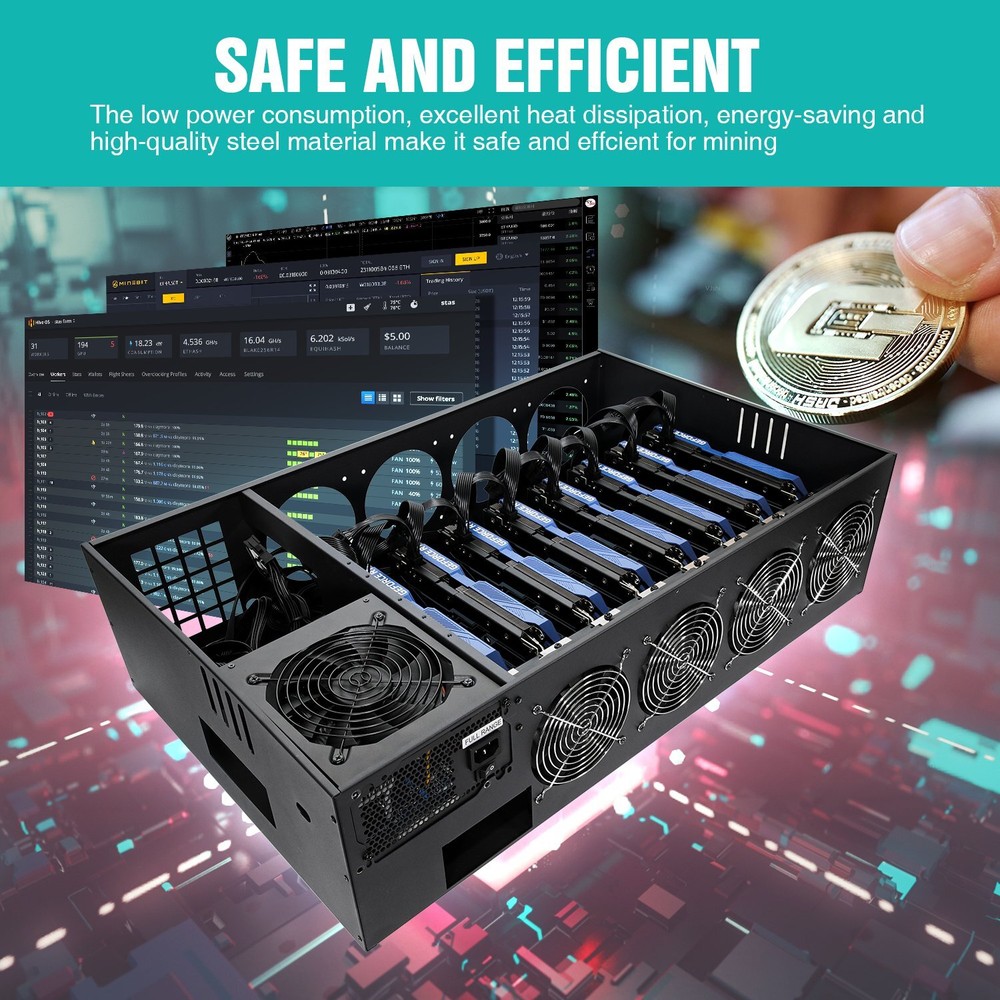 Mining Rig Case 8 GPU Slot Miner Frame Kit w/ Motherboard CPU RAM FAN