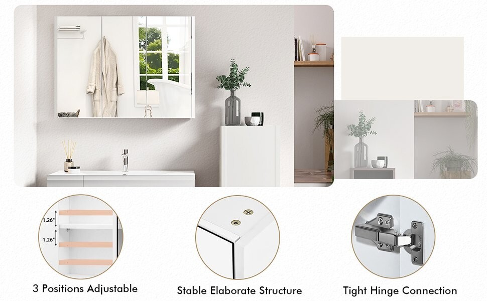 3-Doors Bathroom Medicine Cabinet Frameless Wall Mounted Mirror Adjustable Shelf