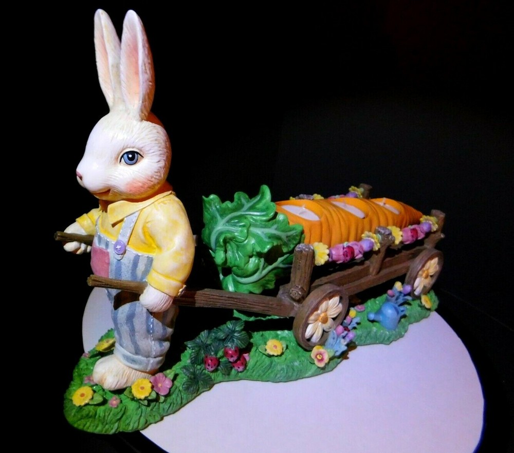 Vintage Bunny Rabbit Pulling Long Carrot Candle Holders Easter Tabletop Decor