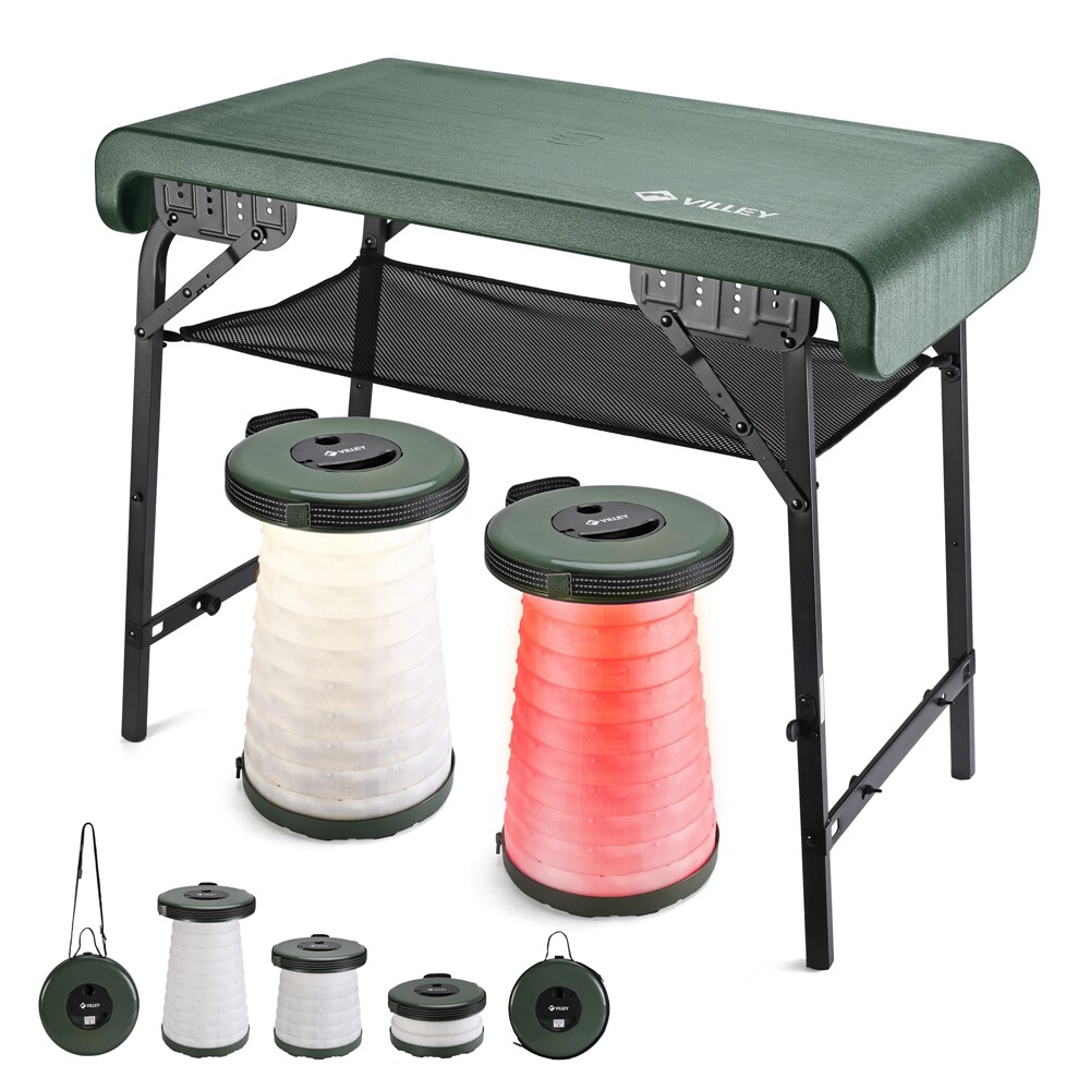 Portable Collapsible Stools Folding Camping Table Set Beach Table w/2PACK Stools
