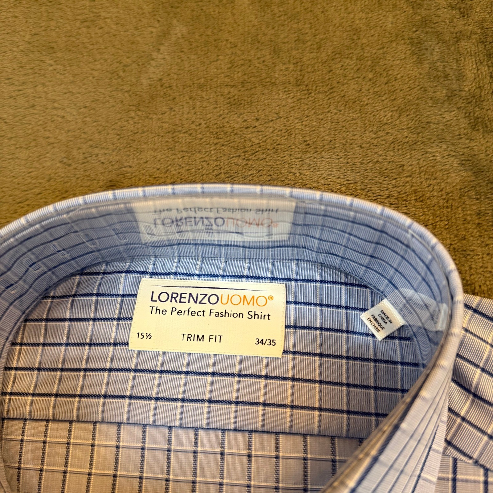 Lorenzo Uomo Trim Fit No Wrinkle Blue Check Dress Shirt Mens 15.5 34/35 PWS NEW