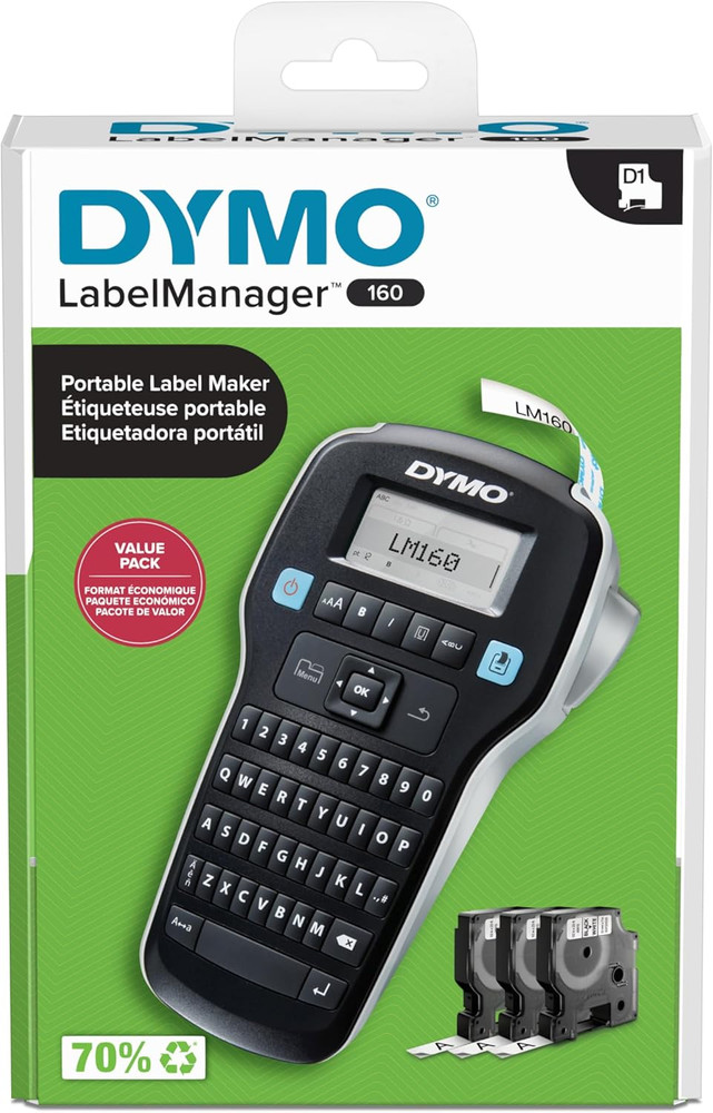 DYMO Labelmanager 160 Portable Label Maker Bundle Includes 3 D1 Label Cassettes