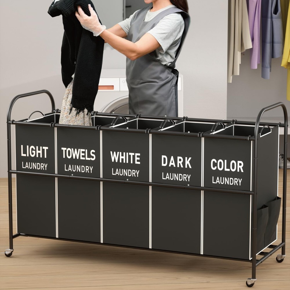 5-Section Laundry Sorter Cart, Large Laundry Hamper with Lockable Rolling Whe...