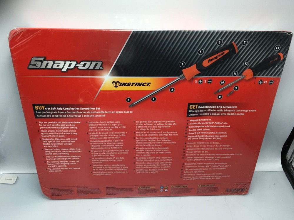 Snap-on 7 Pc Instinct Orange Soft Grip Combination Ratchet Screwdriver Set