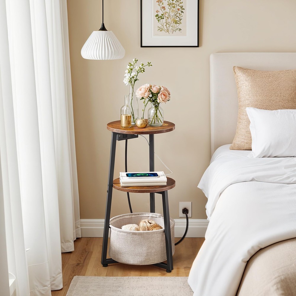 Small Round Side Table with Charging Station, Round End Table with Cotton Lin...
