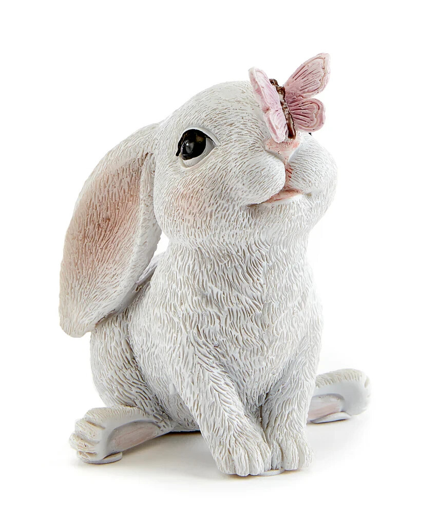 Small 3.75" Resin Bunny Rabbit w/Butterfly Figurine Farmhouse Easter Spring Boho