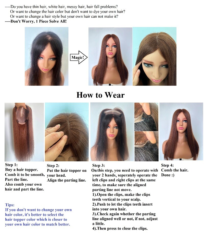 6"X6"Mono Skin with Silk Top Part Area,100%Fine Virgin Human Hair Topper 10"~30"