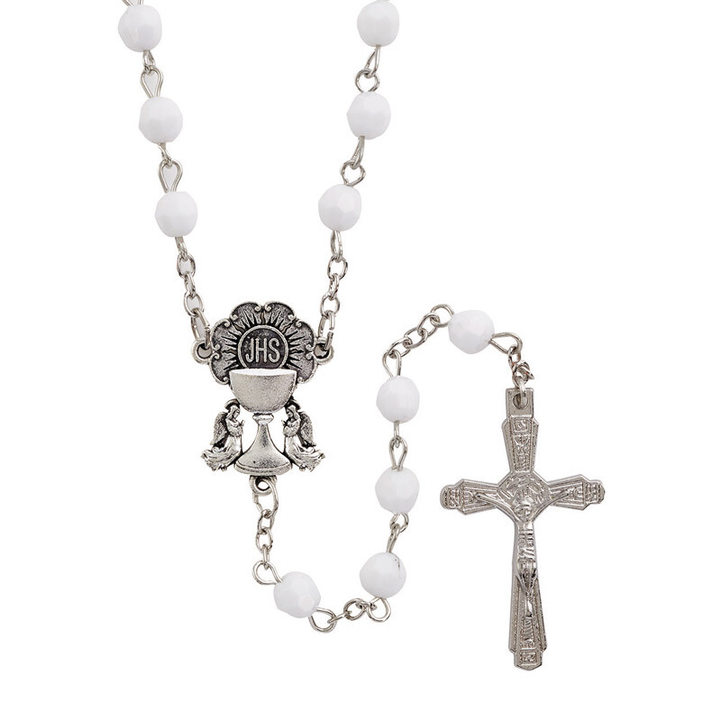 First Communion Rosary White Faceted 6mm Beads