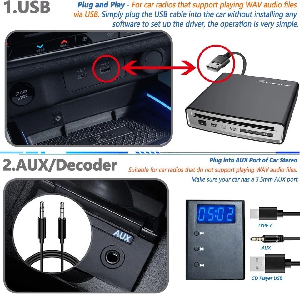 CD Player for Car with USB&Type-C Port/Decoder/AUX Port, Portable Black