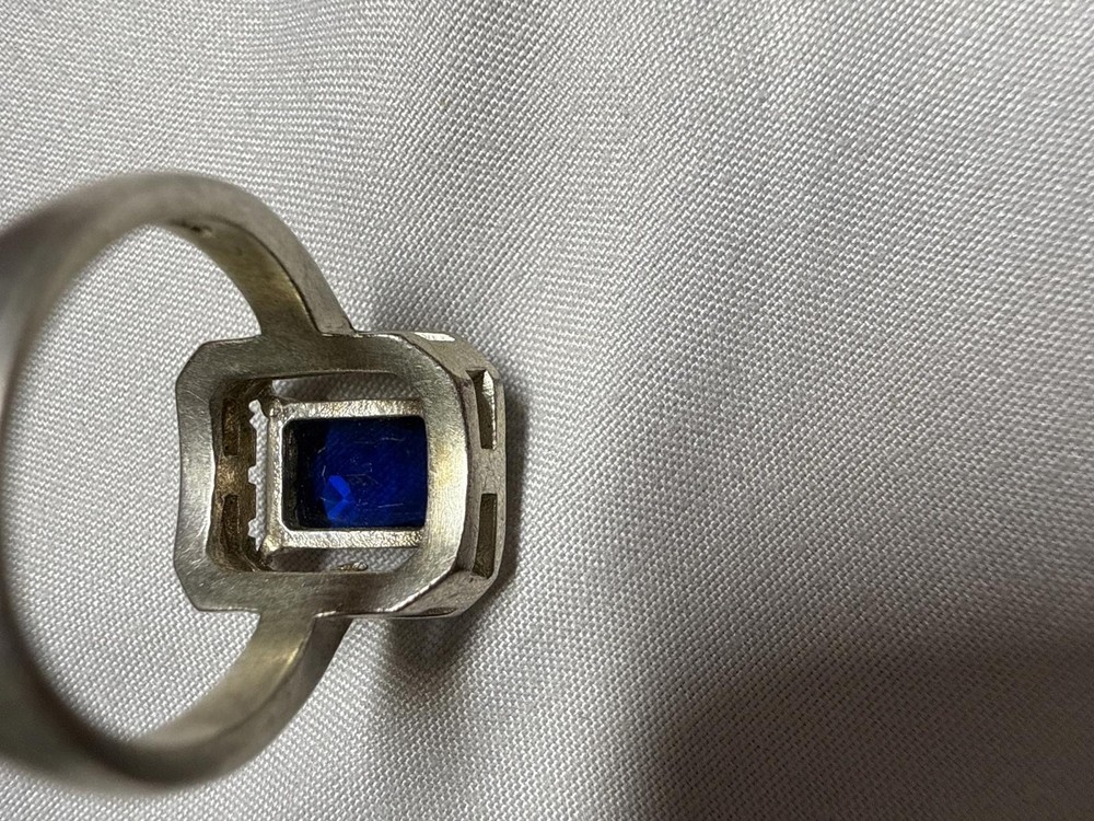 Sterling Silver Ring with Cushion Cut Rectangular Blue Sapphire