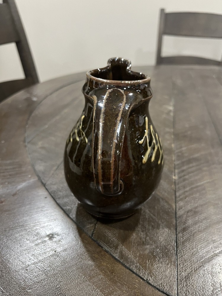Duel Art Pottery Brown Pitcher Glazed Zigzag Design Studio Handmade Signed