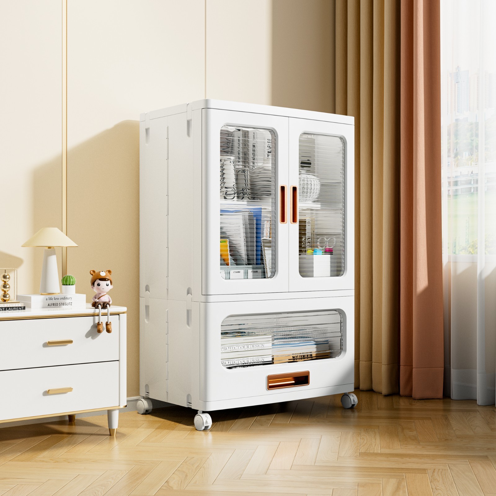 Rolling Plastic Storage Cabinet with Doors Drawer and Adjustable Shelves Bedroom