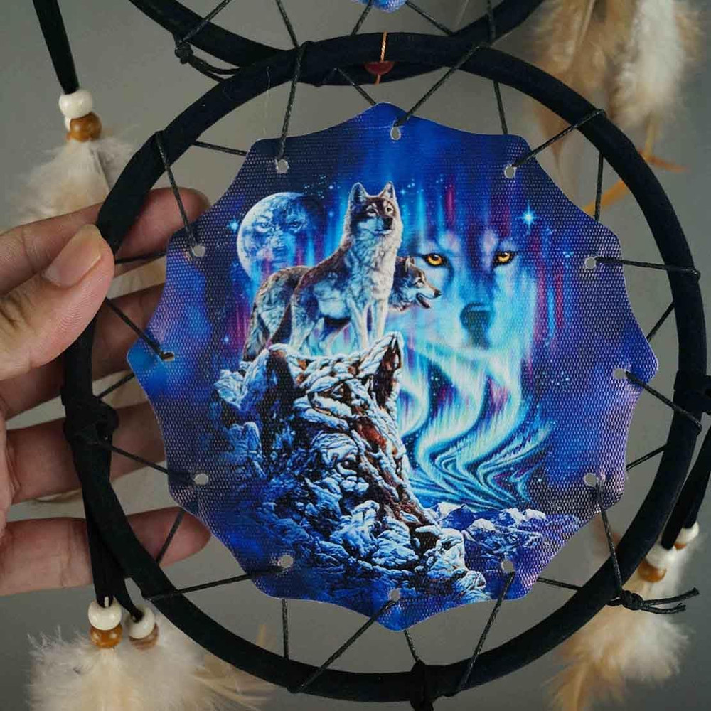 Remorelt Wolf Dream Catchers，3-Layer Circle Wall Hanging with Different Wolf Art
