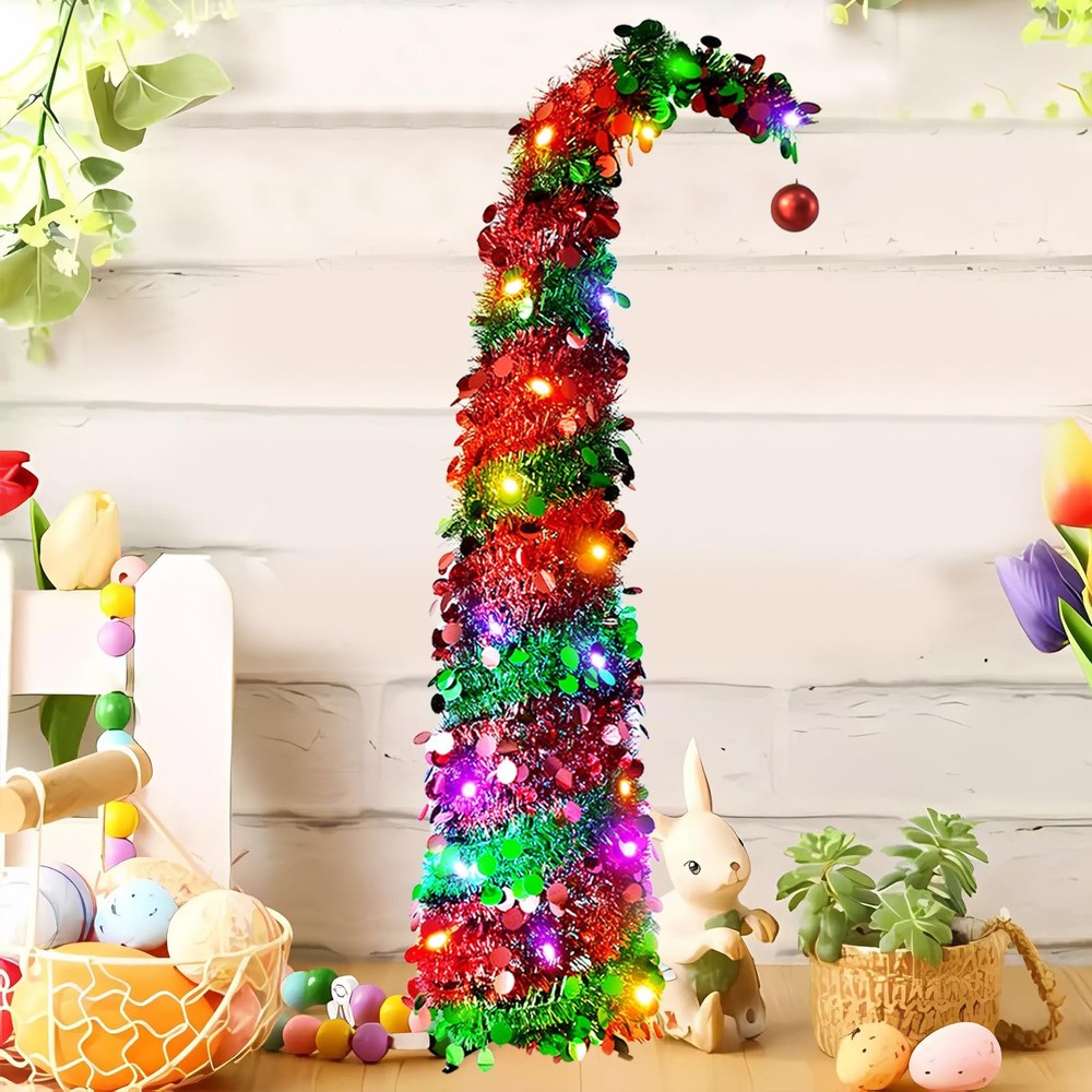 5FT Pre-Lit Pop Up Easter Tree LED Tinsel Collapsible Indoor Decor