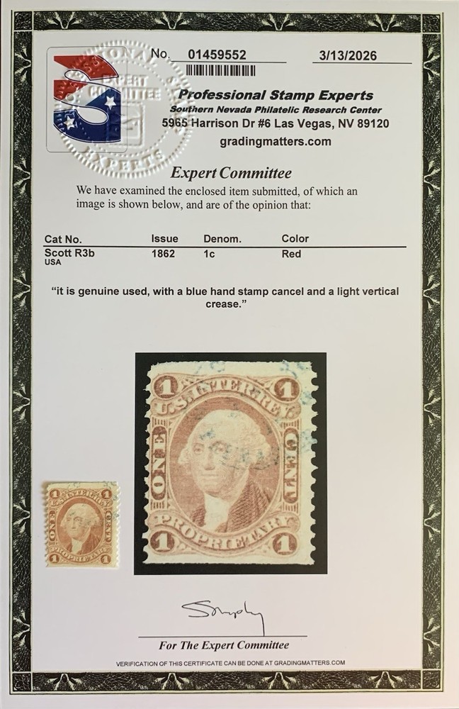 US Stamp R3B w/PSE Certificate Used CV $250