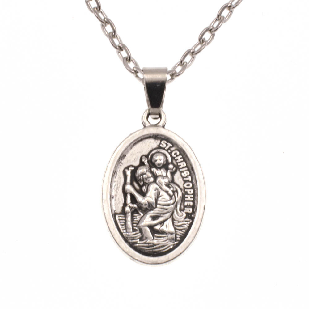 Saint St Christopher Protect Us Oval Silver Medal Pendant Necklace 18" Chain