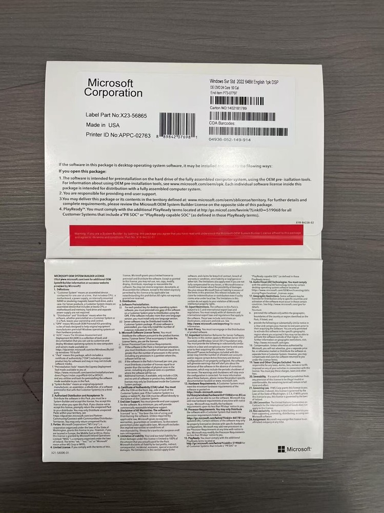 Microsoft Windows Server 2022 Standard 24-Core 50 CALs DVD With Key