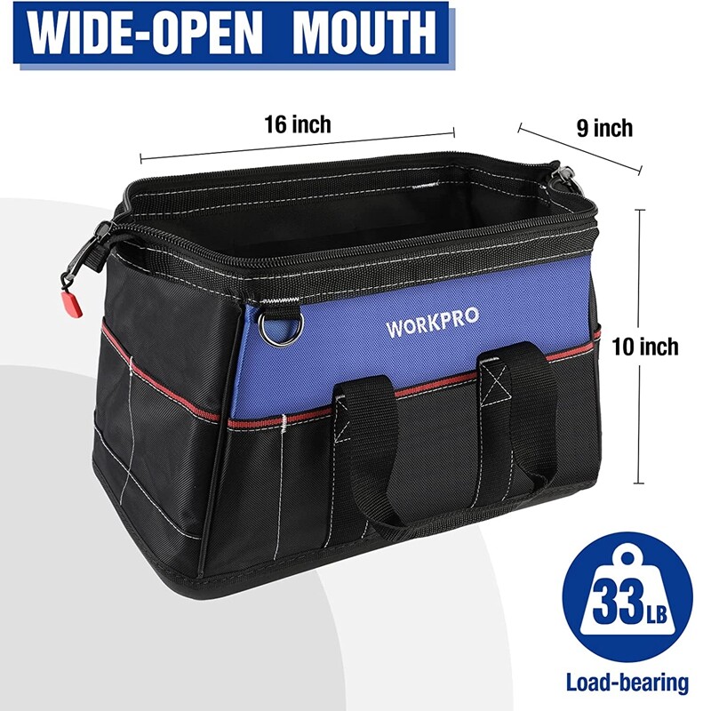 WORKPRO 16-inch Wide Mouth Tool Bag Heavy Duty Tool Storage Bag w/Shoulder Strap