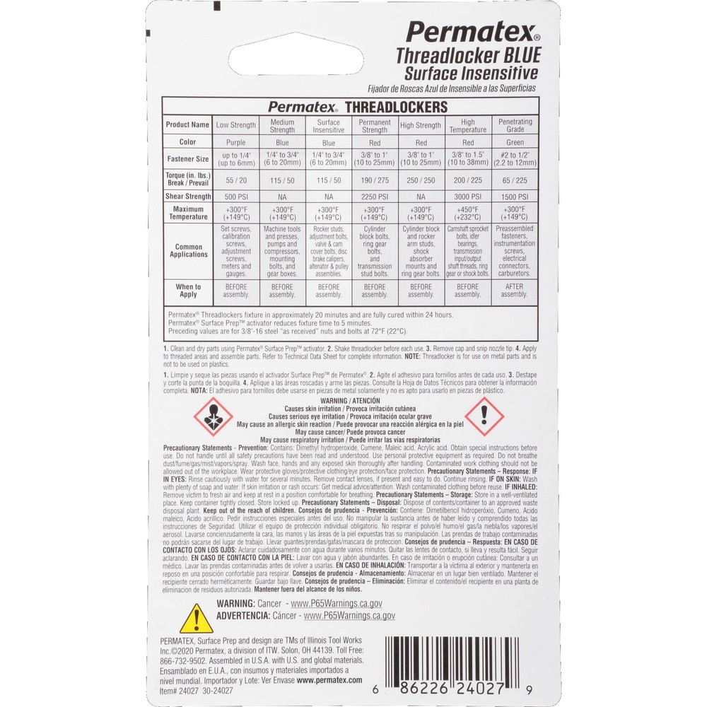 Permatex 24027 Surface Insensitive Threadlocker Blue, 6 ml 6 ml, Factory
