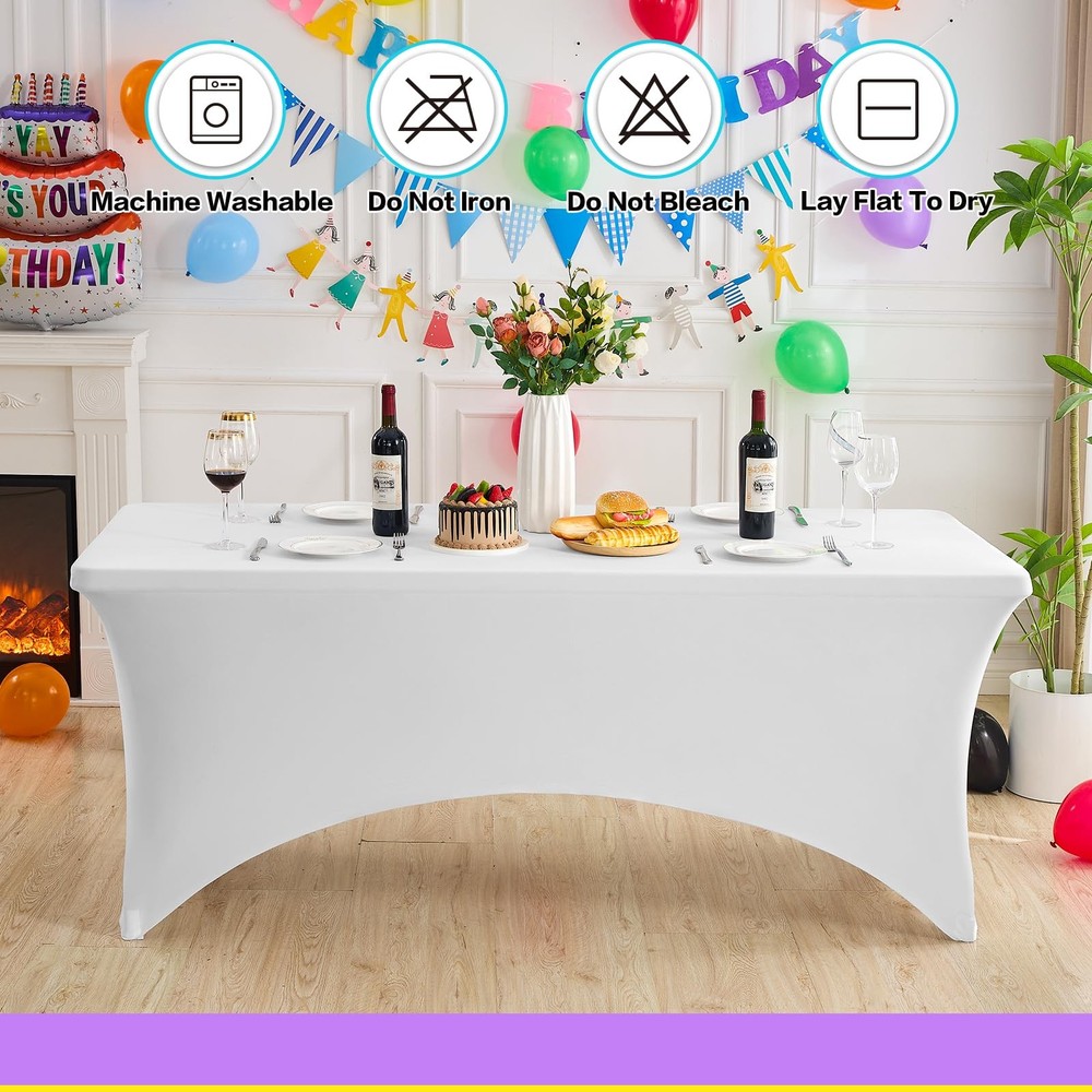 6FT Stretch Tablecloth 2 Pack, Rectangular Spandex Cover, White Party