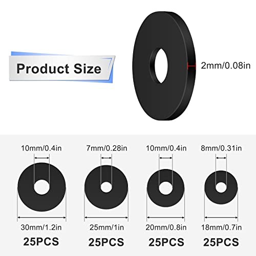 100pcs Flat Heavy Duty Rubber Washers Assortment Kit, Black Rubber 4 Sizes