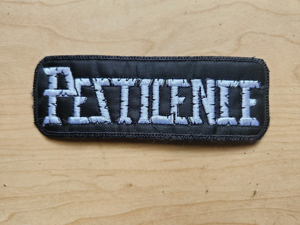 PESTILENCE , SEW ON WHITE, BLACK BORDER EMBROIDERED PATCH