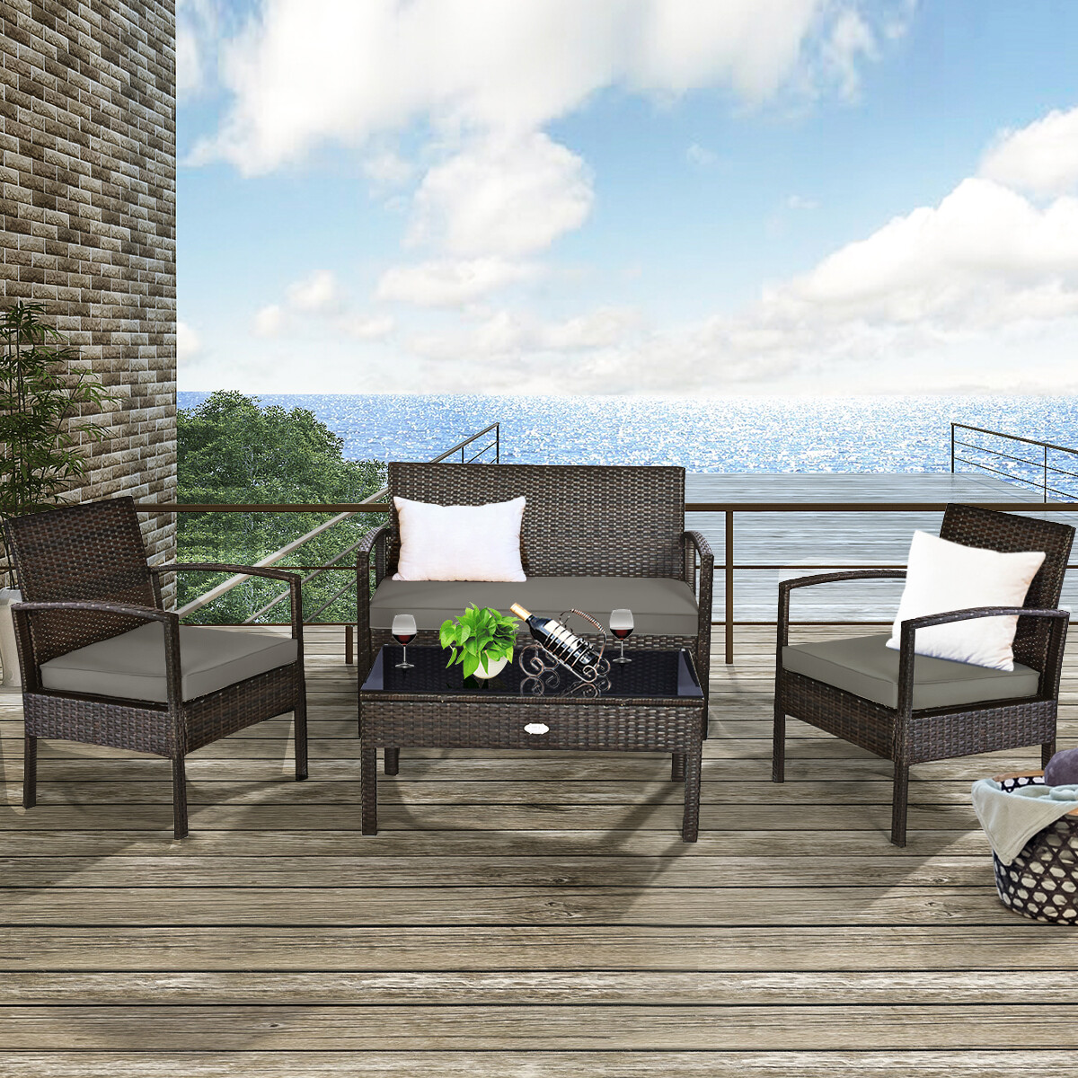 Costway 4PCS Outdoor Patio Rattan Furniture Set Cushioned Sofa Coffee Table Deck