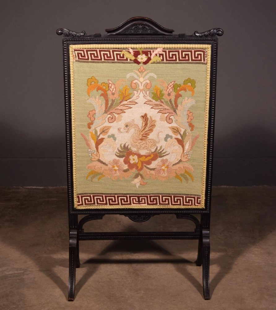 French Antique Fireplace Screen with Needlepoint Griffin/Carved Walnut Frame