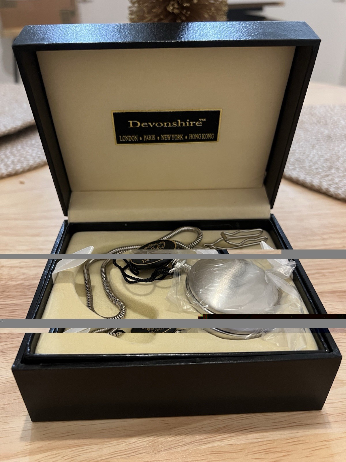 Devonshire 17 Jewel Mechanical Pocket Watch Skeleton Dial New in Box w/ Chain