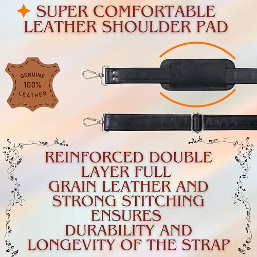 Genuine Leather Black Shoulder Strap Replacement Adjustable with Metal Hook
