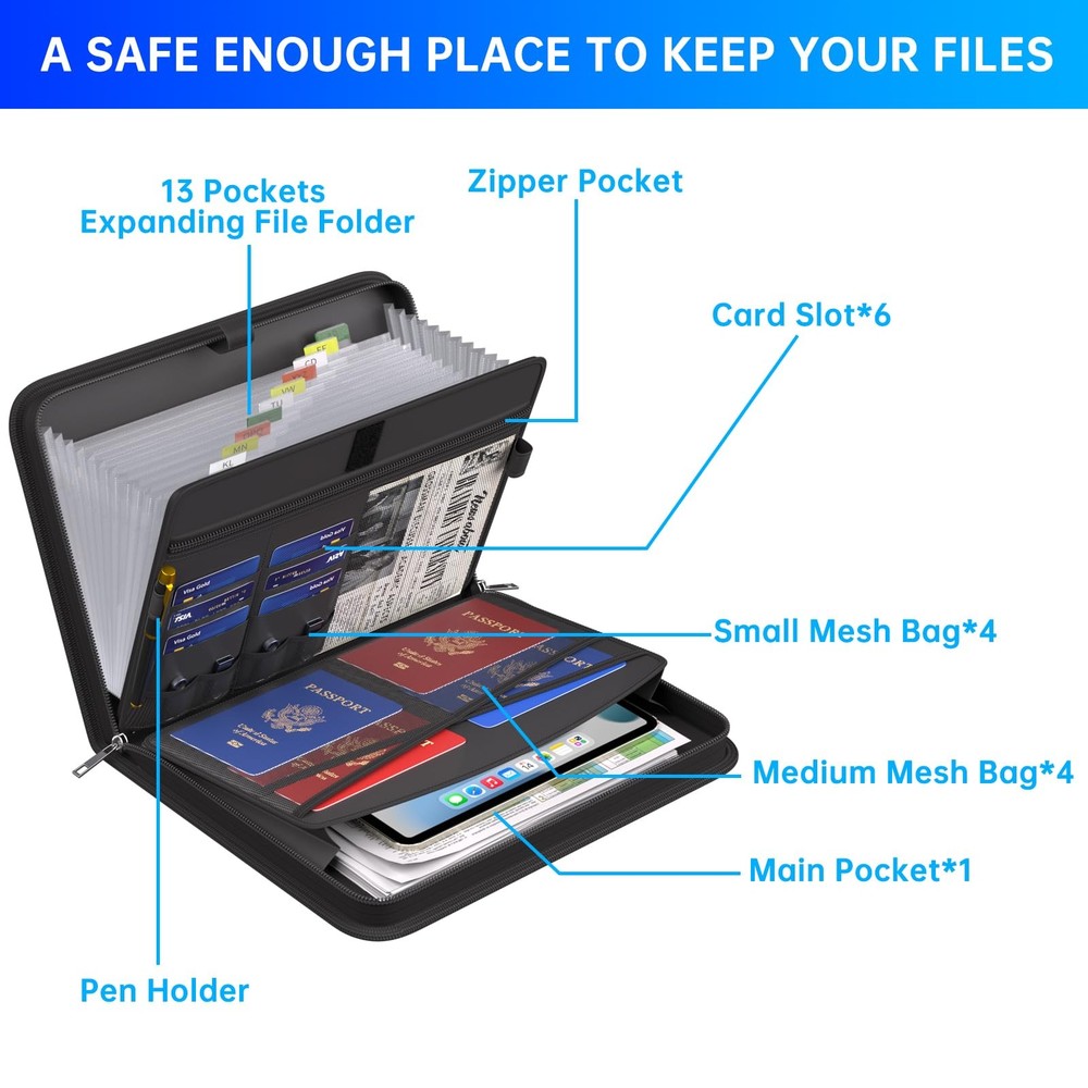 Accordion File Organizer, Fireproof Expanding File Folder with 13 Pockets Doc...
