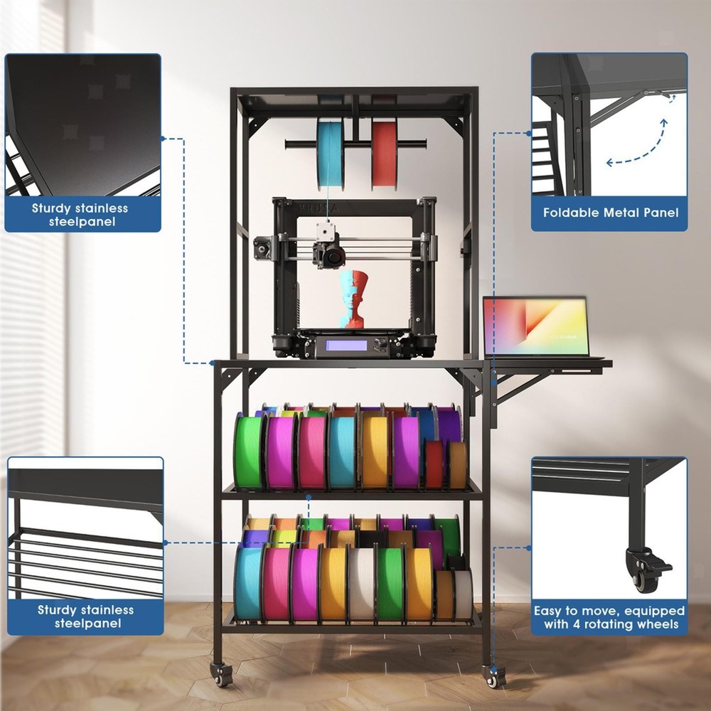 Metal Frame Printer Stand with Organized Spool Storage, Auxiliary Panel &