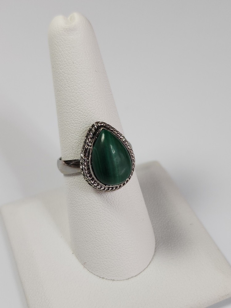 Karis Green Malachite Teardrop Shape Ring Signed Silver Color Setting SIZE 8