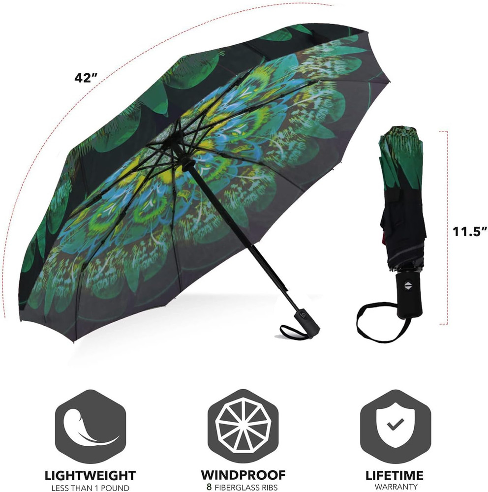 Windproof Compact Travel Umbrella – Automatic Folding (Green Peacock)