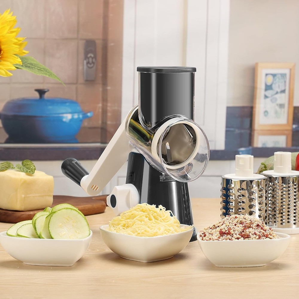 Three-Blade Hand Crank Cheese Grater with Non-Slip Base for Kitchen Efficiency