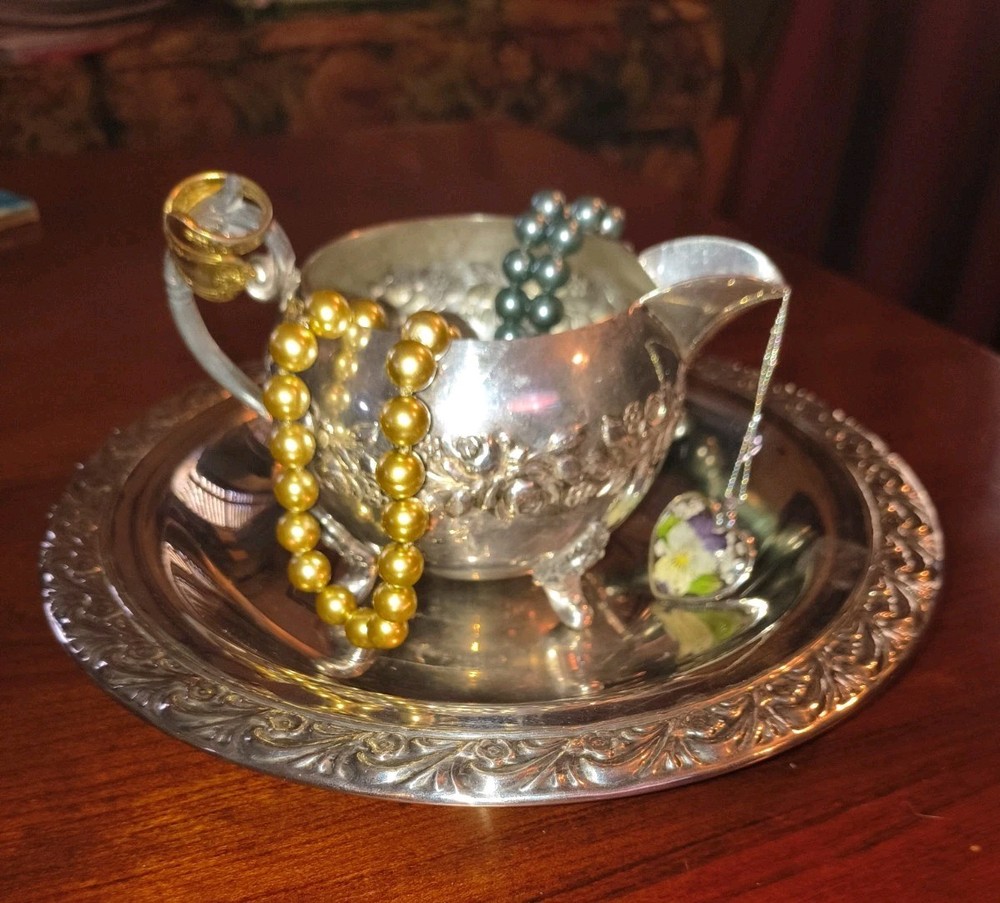 Silver Roses Footed Cream Pitcher with Handle