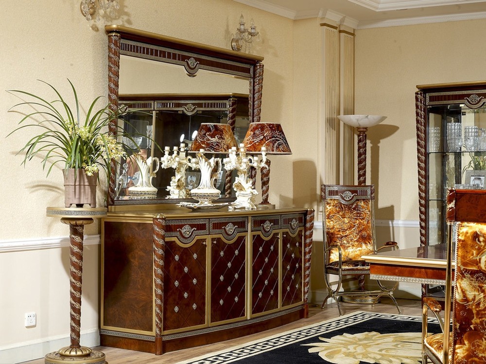 Luxury 84.6” Solid Wood Sideboard Buffet Cabinet – Walnut & Antique Gold